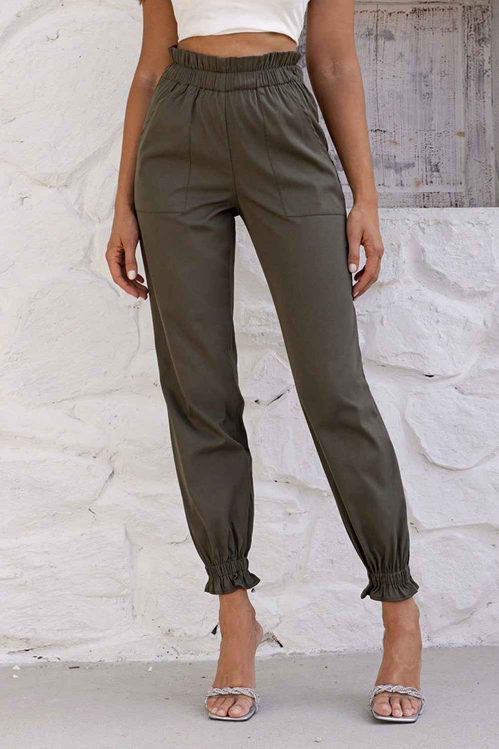 Gathered Waist Women's Pants with Pockets