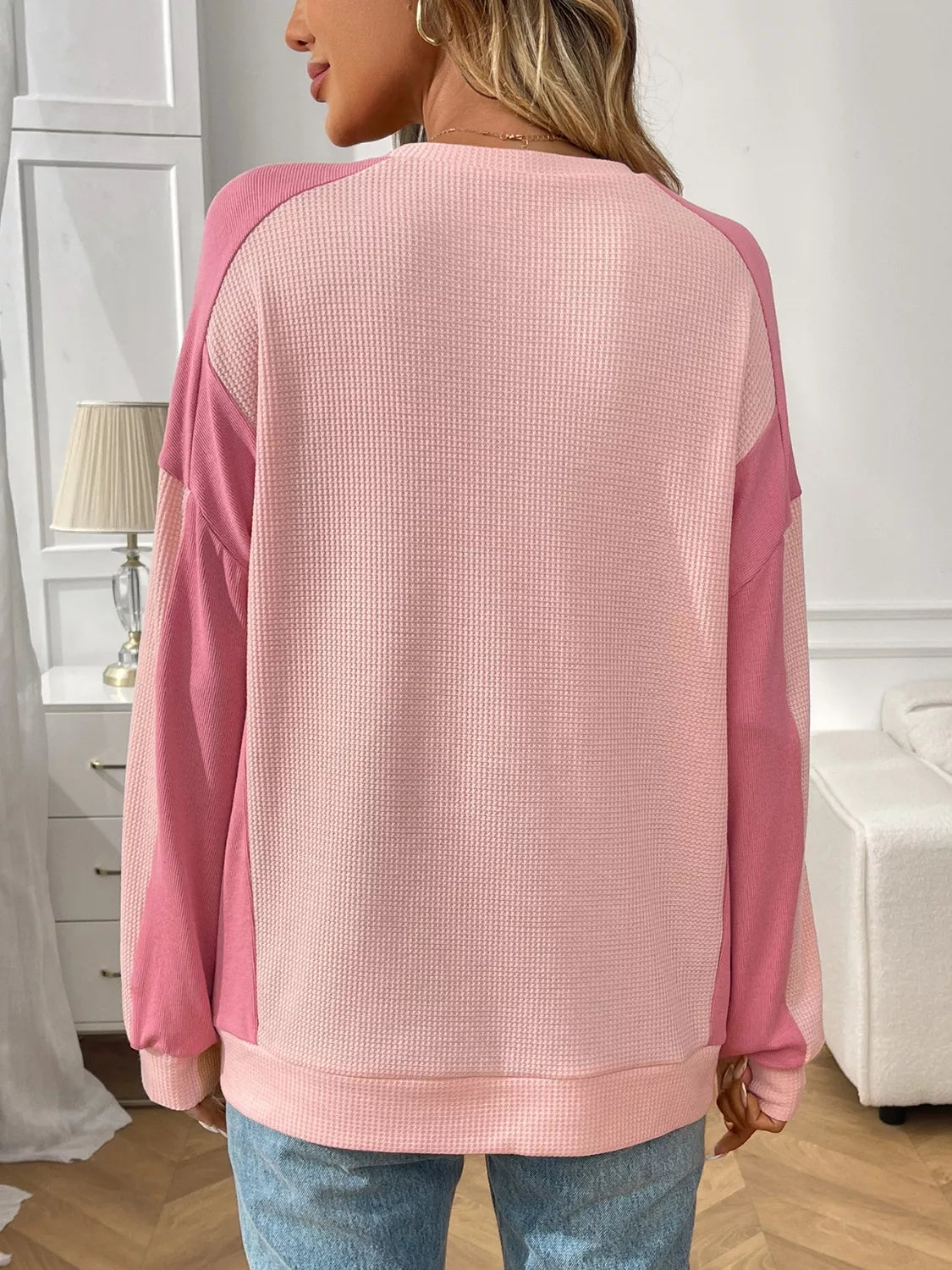 Color Block Waffle Knit Long Sleeve Sweater