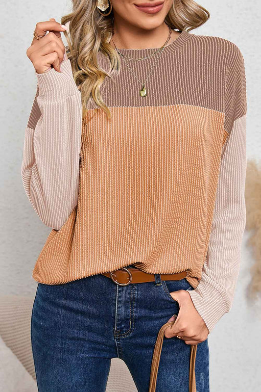 Khaki Color Block Ribbed Loose Long Sleeve Women's Top