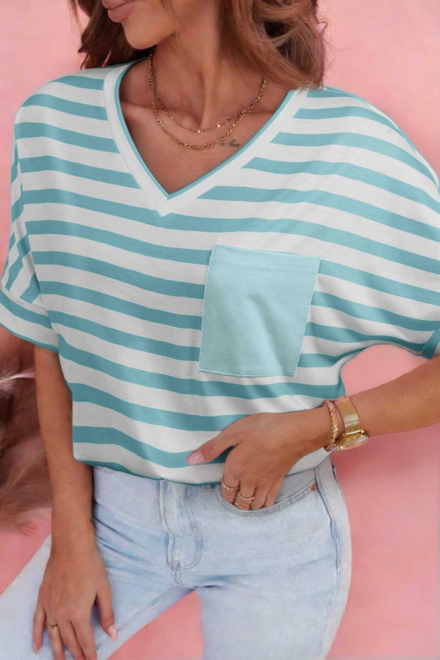 Stripe V-Neck Patch Pocket T-Shirt