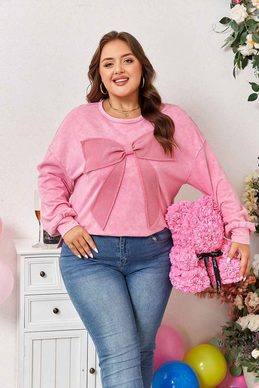 Plus Size Waffle Bowknot Patchwork Mineral Wash Sweatshirt