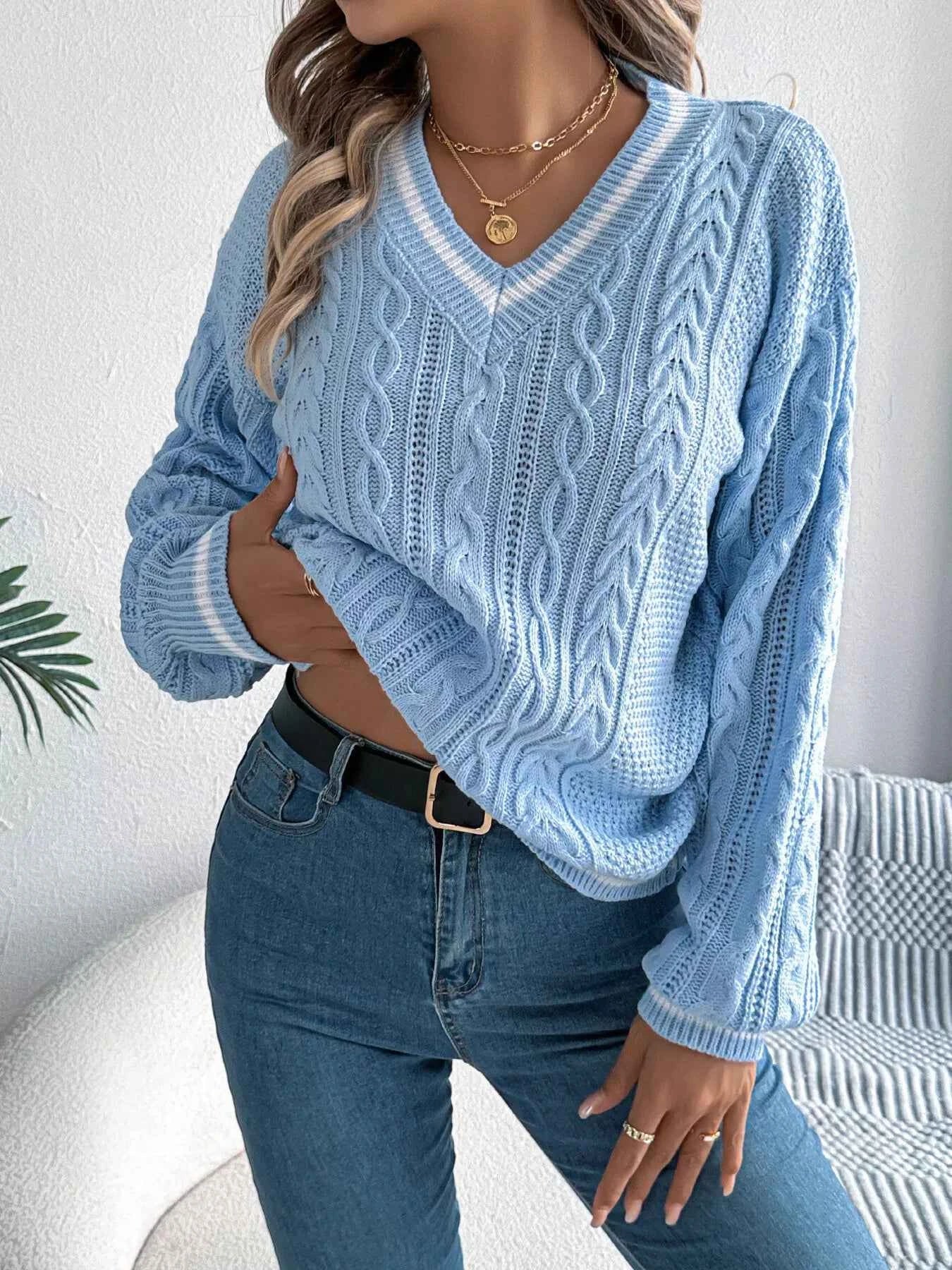 V-Neck Cable Knit Long Sleeve Sweater