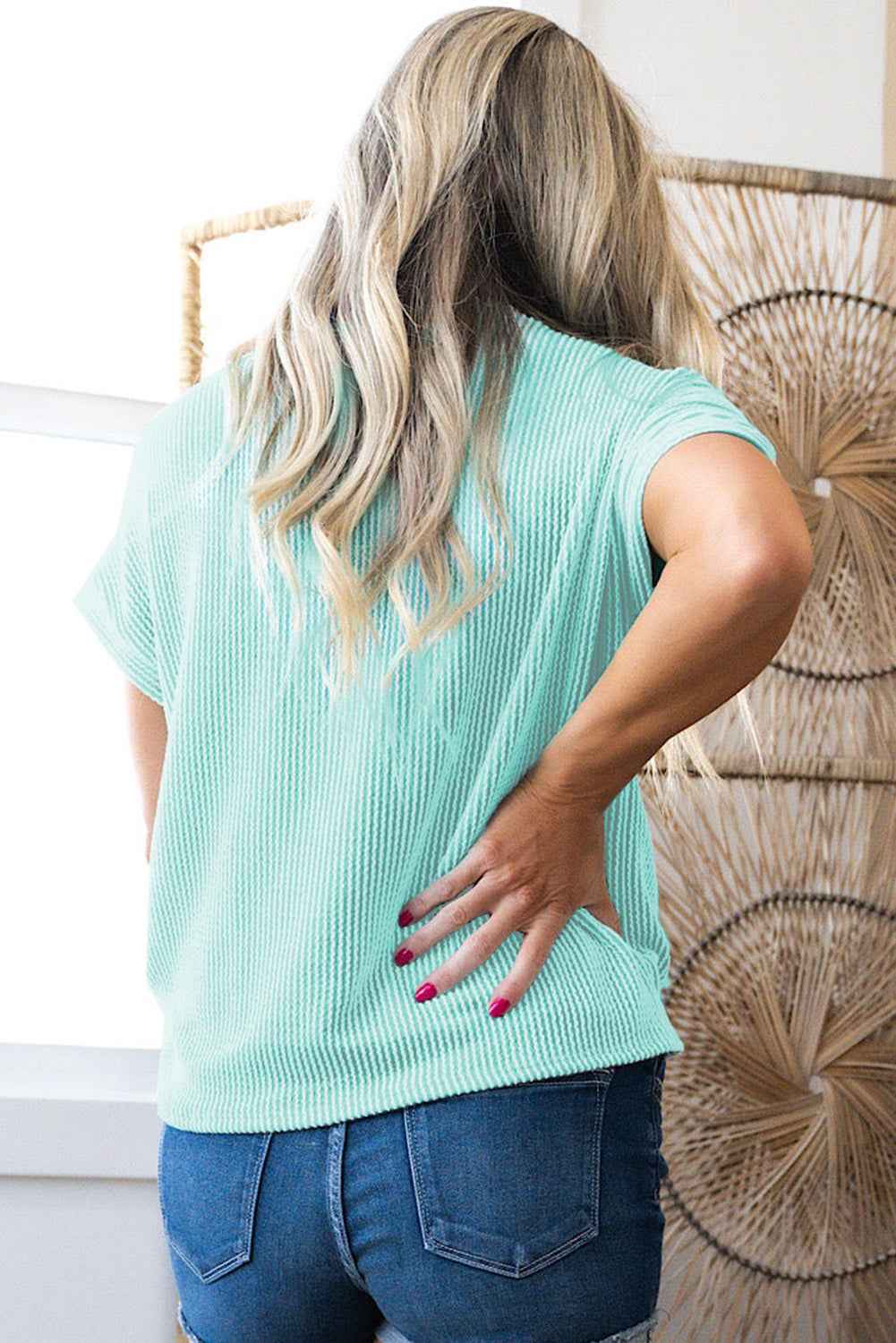 Light Blue Corded Colorblock Pocket Crew Neck T Shirt