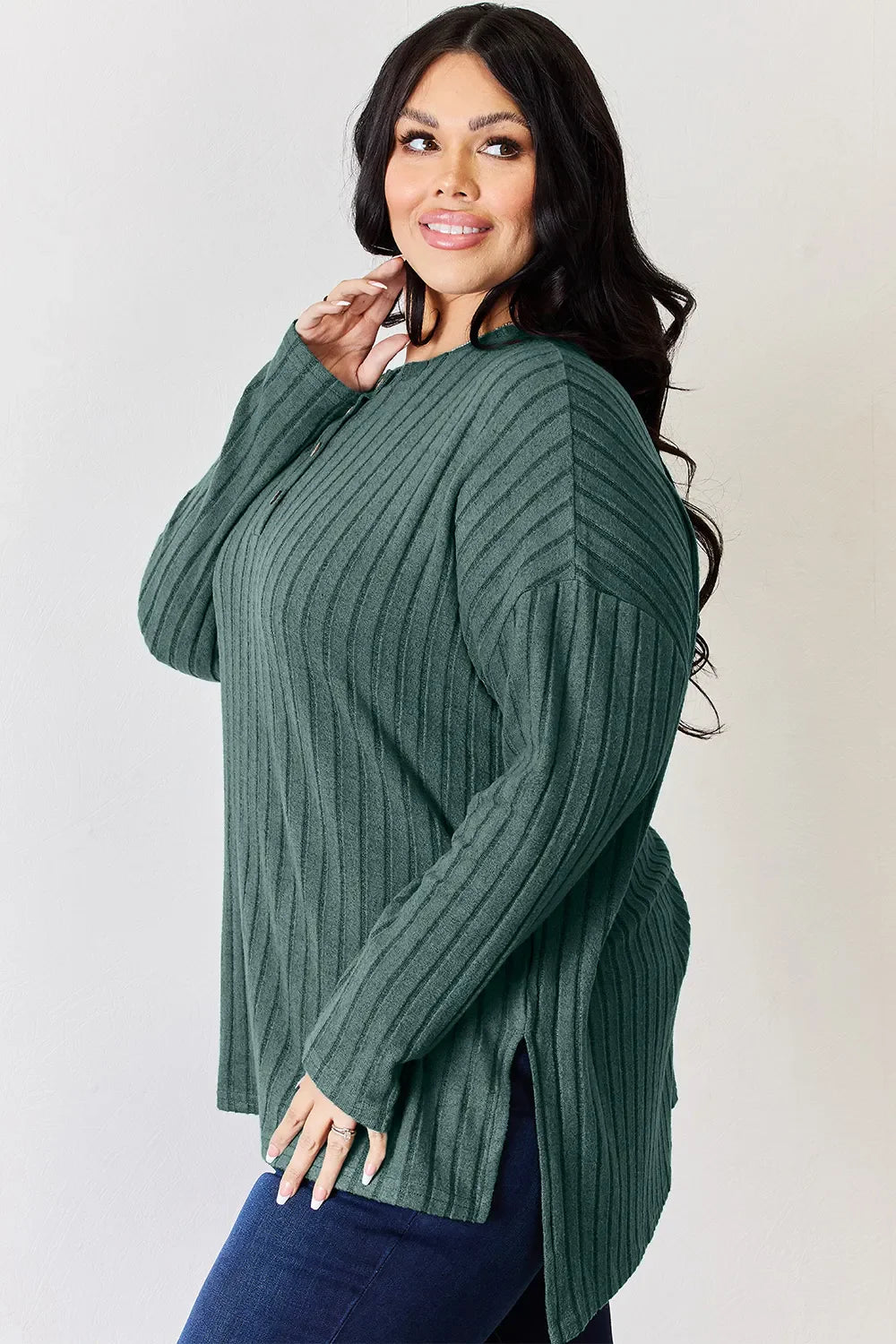 Basic Bae Full Size Ribbed Half Button Long Sleeve High-Low Women's T-Shirt - The Eggy's store