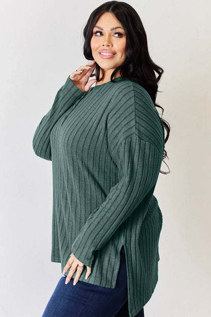 Basic Bae Full Size Ribbed Half Button Long Sleeve High-Low Women's T-Shirt - The Eggy's store