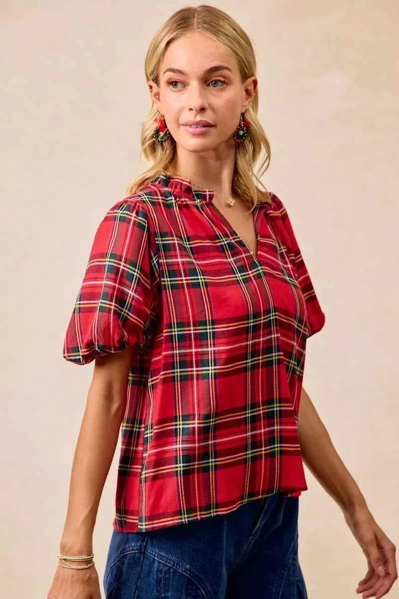 BiBi Christmas Plaid Short Sleeves Ruffled Blouse