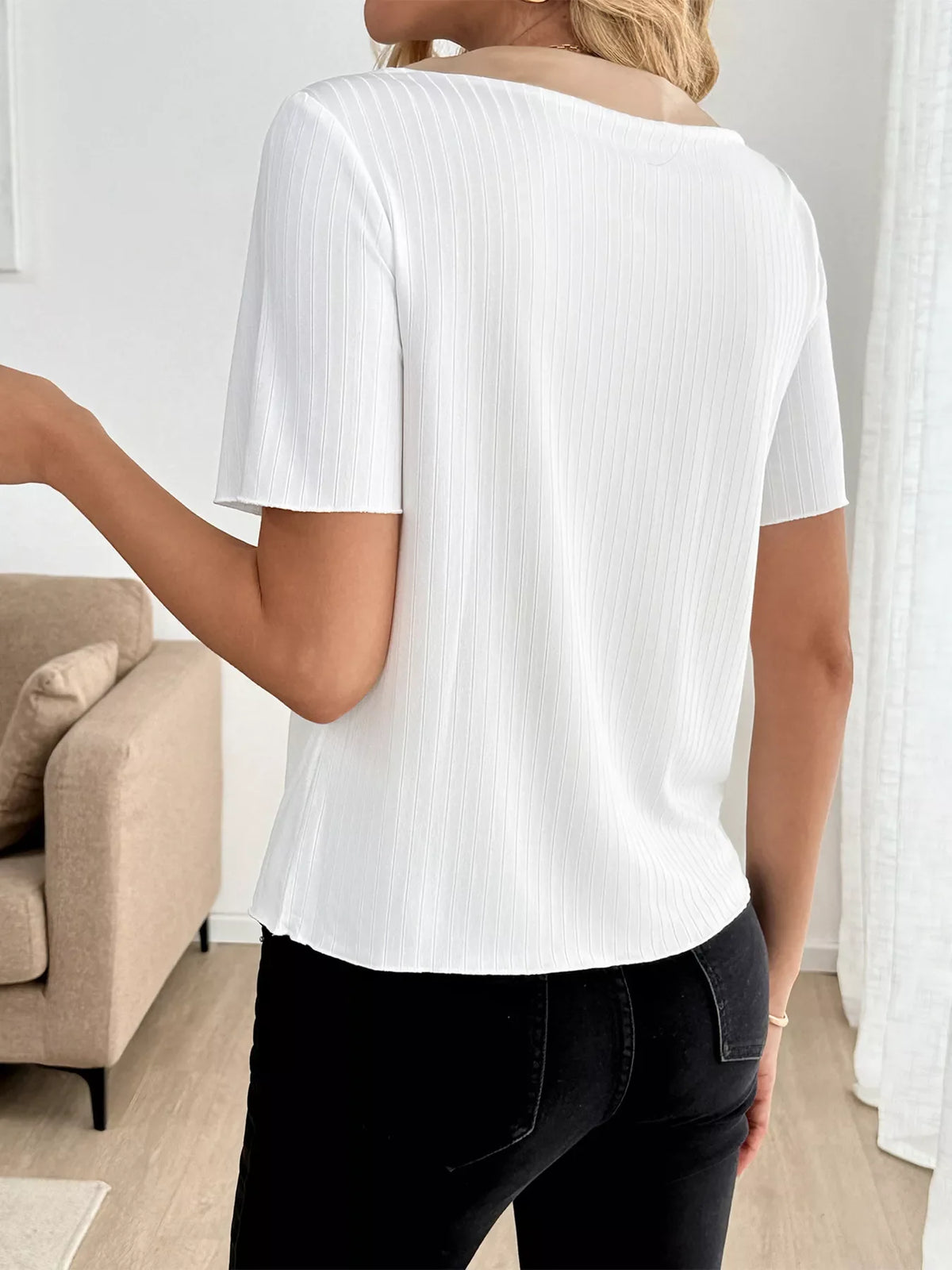 Decorative Button Round Neck Short Sleeve Blouse