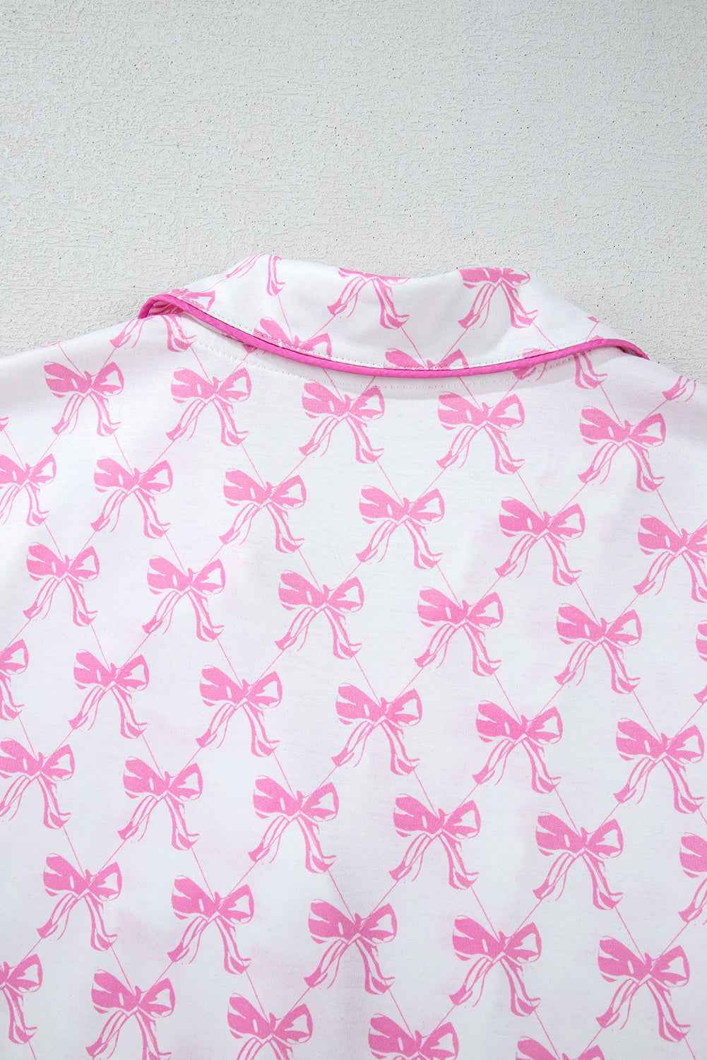 Pink Bowknot Print Shirt and Ruffle Hem Pajamas