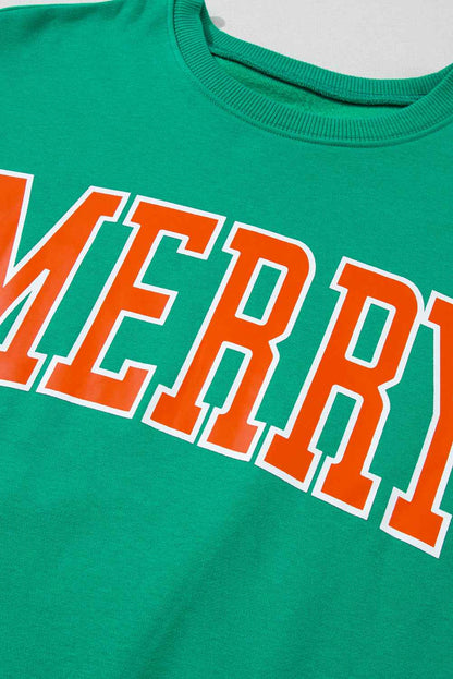 Green MERRY Print Drop Sleeve Pullover Women's Sweatshirt