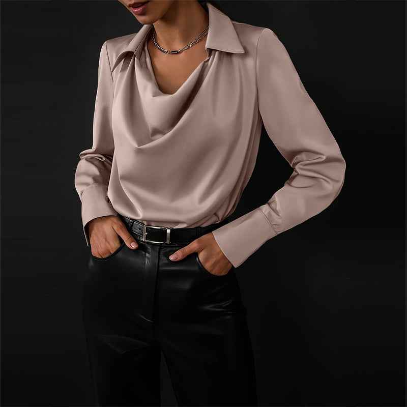 Women's Solid Color Long Sleeve Cowl Neck Blouse With Draped Detail - Elegant Office Formal Shirt For Spring&Fall