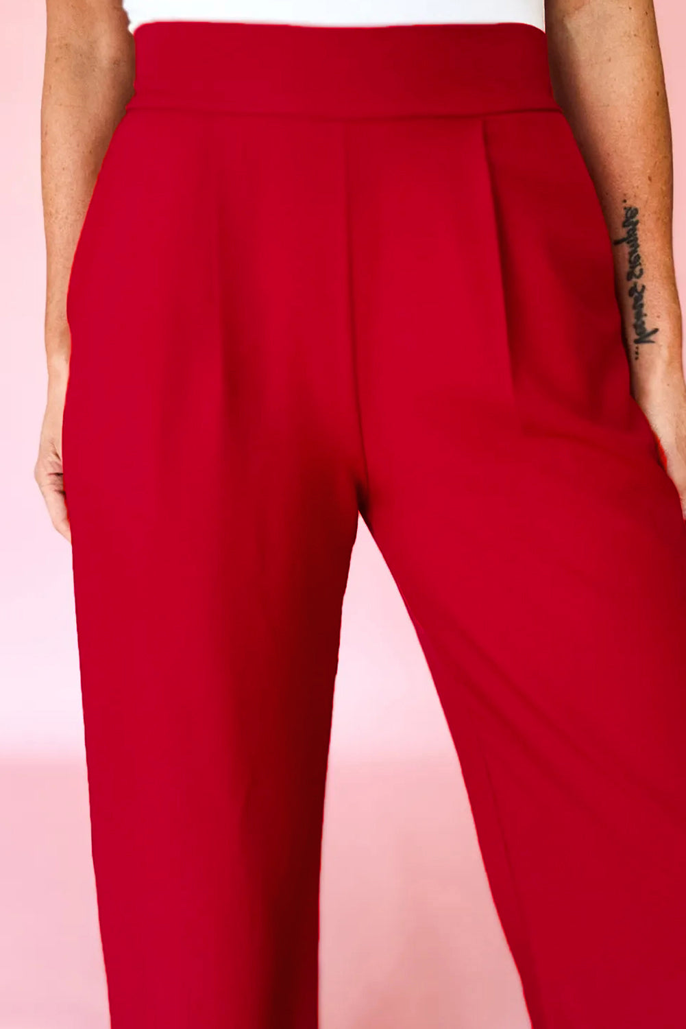 Pleated Pull-On High Waist Straight Leg Pants