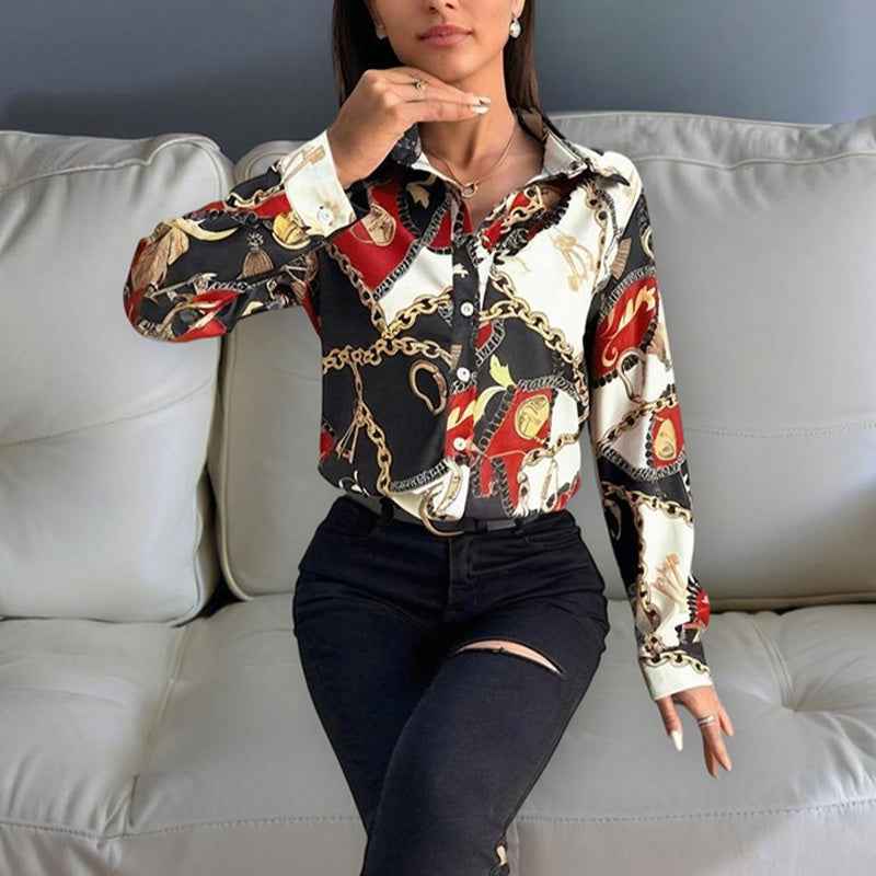 Women's Lapel Long Sleeve Shirt - Fitted Cut Intricate Print Button-Up Design Casual Spring&Fall Wear