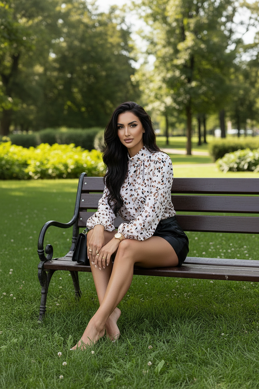 White Leopard Print Lantern Sleeve Mock Neck Pleated Blouse