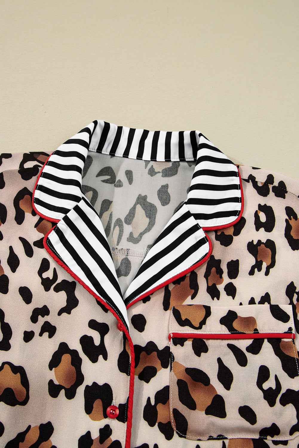 Leopard Colorblock Stripe Edge Shirt and Pants Pajama Set