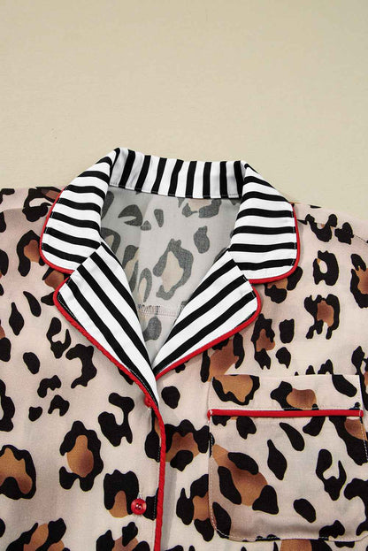 Leopard Colorblock Stripe Edge Shirt and Pants Pajama Set