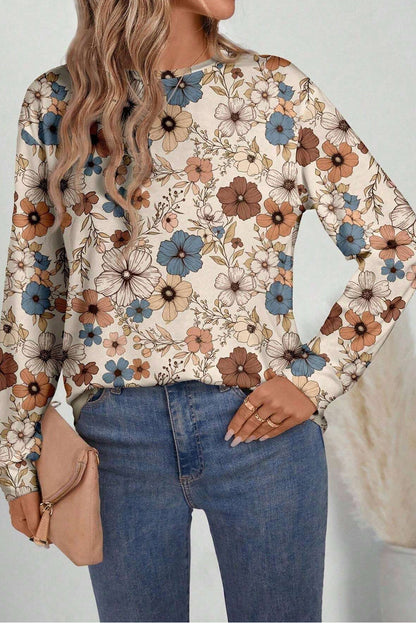 Khaki Floral Print Women's Top - Allover Floral Crew Neck Long Sleeve - The Eggy's store