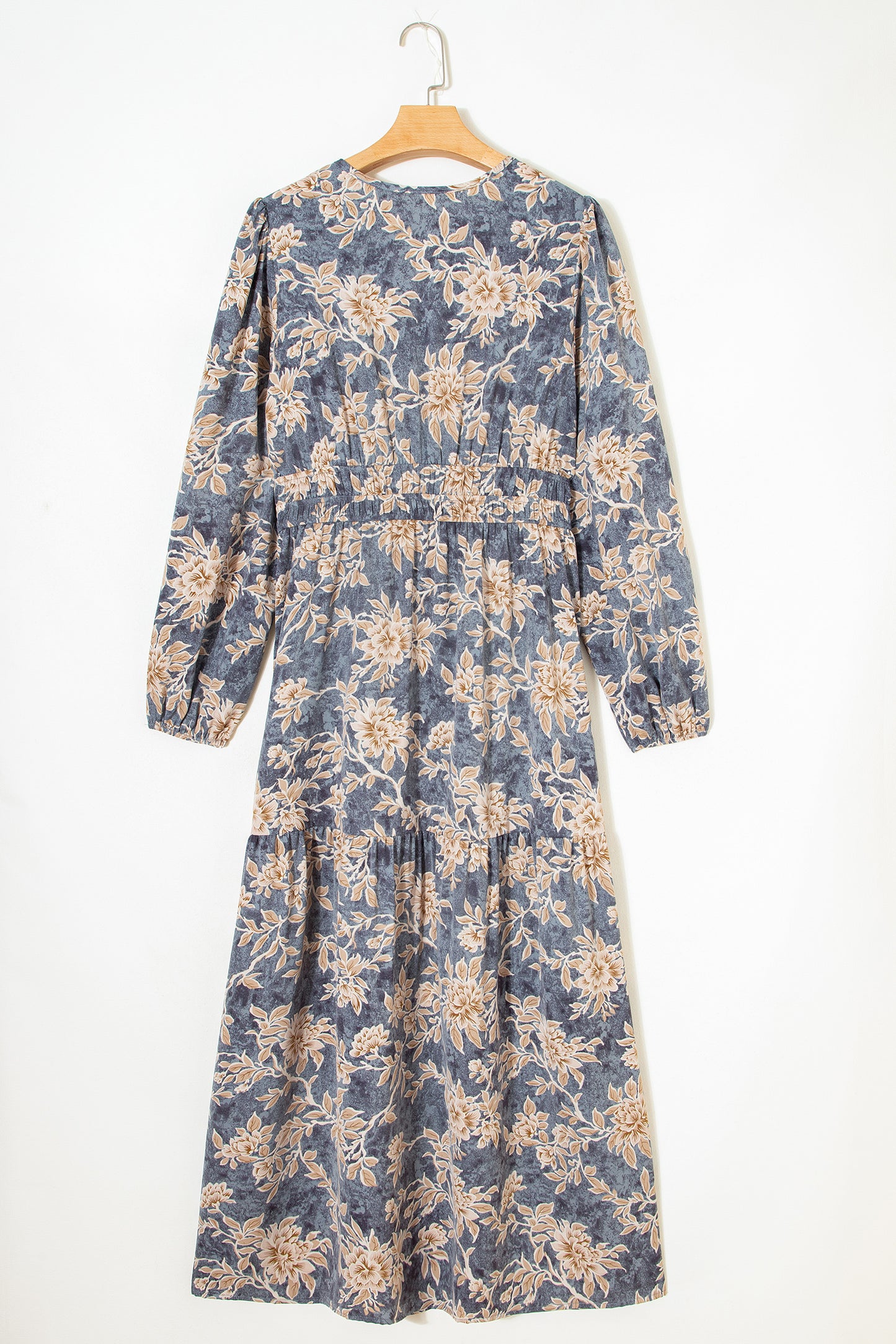 Sky Blue Floral Smocked High Waist Long Sleeve Maxi Dress