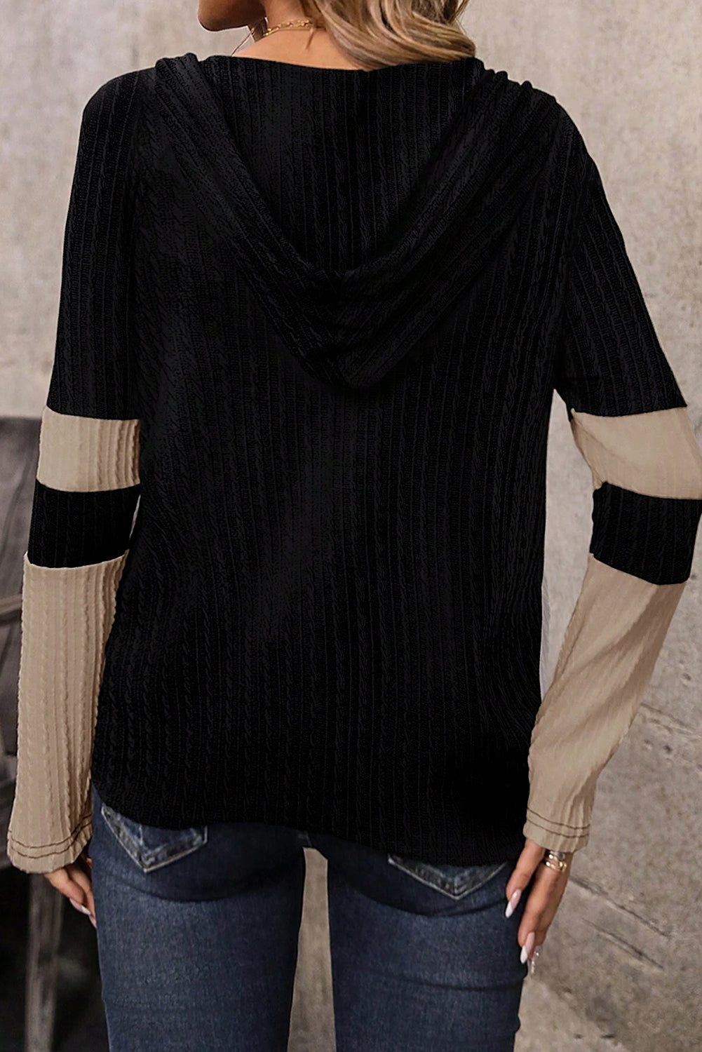 Parchment Textured Colorblock Long Sleeve Quarter Zip Drawstring Hooded Sweatshirt