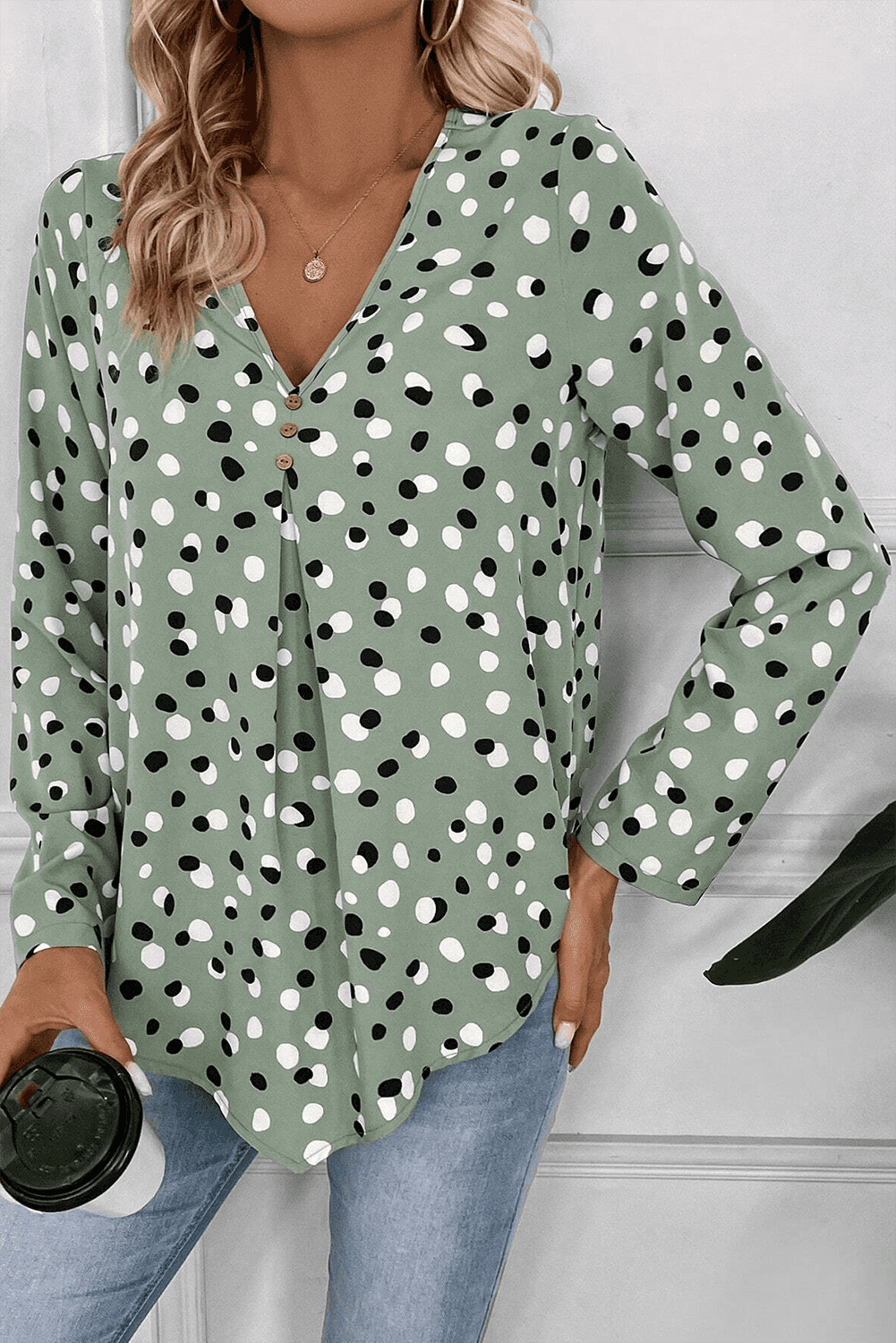 Green Dotted Print Button Front V Neck Blouse