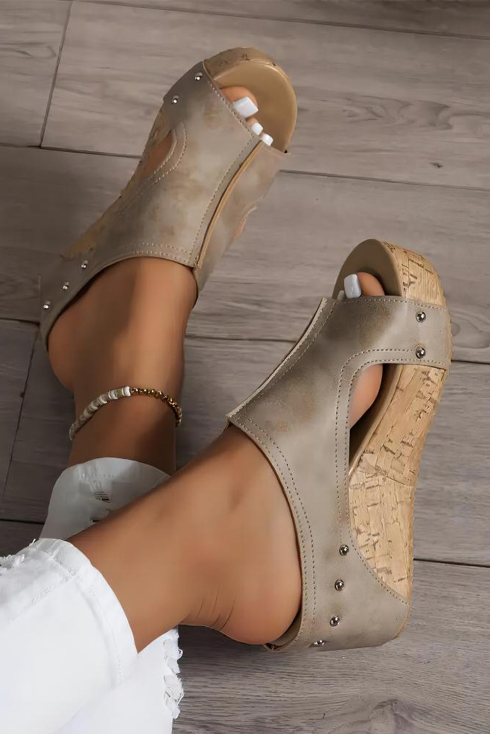 Chestnut Hollow Out Studded PU Leather Wedge Sandals