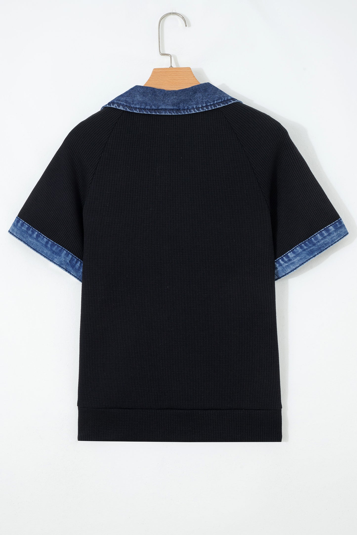 Waffle Knit Polo Top with Denim Trim