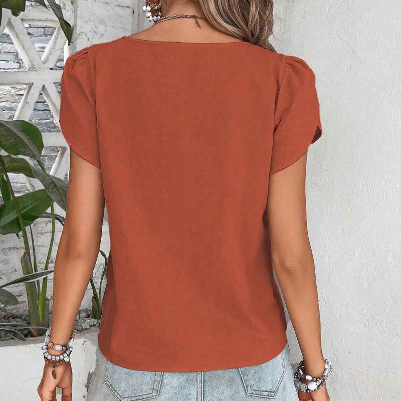 Women's  Casual Petal Sleeve Asymmetrical V Neck Work Shirts Blouse Tops