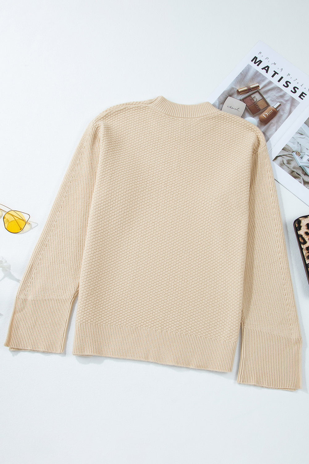 Parchment Knit Women's Top with Solid Textured Design and Split Cuff Drop Shoulder - The Eggy's store