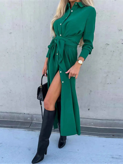 Button Front Long Sleeve Shirt Dress