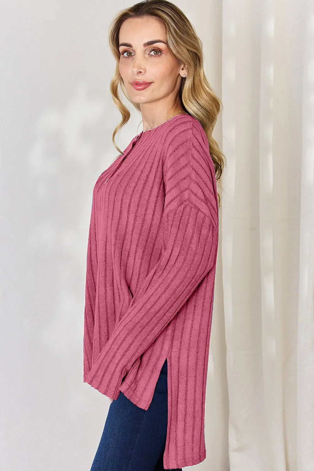 Basic Bae Full Size Ribbed Half Button Long Sleeve High-Low Women's T-Shirt - The Eggy's store