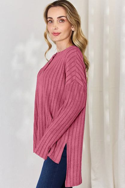 Basic Bae Full Size Ribbed Half Button Long Sleeve High-Low Women's T-Shirt - The Eggy's store