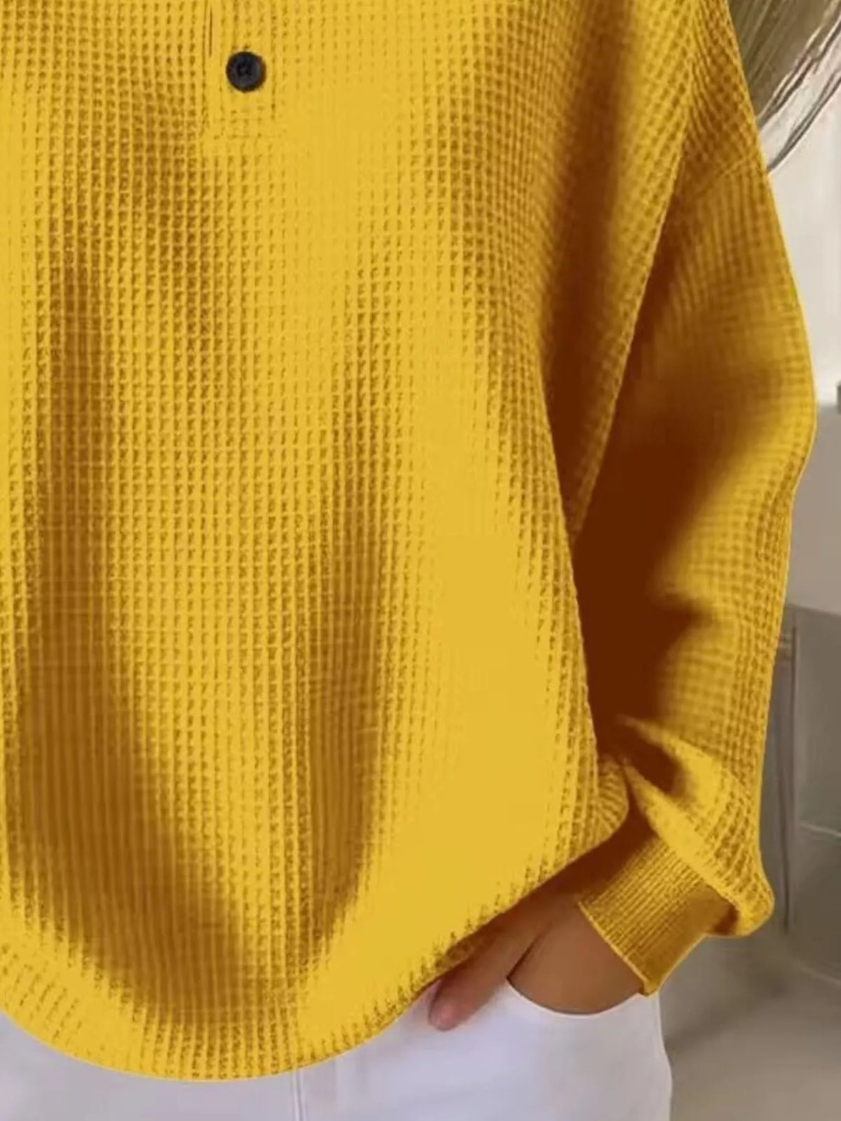 Waffle Knit Button Detail Pullover