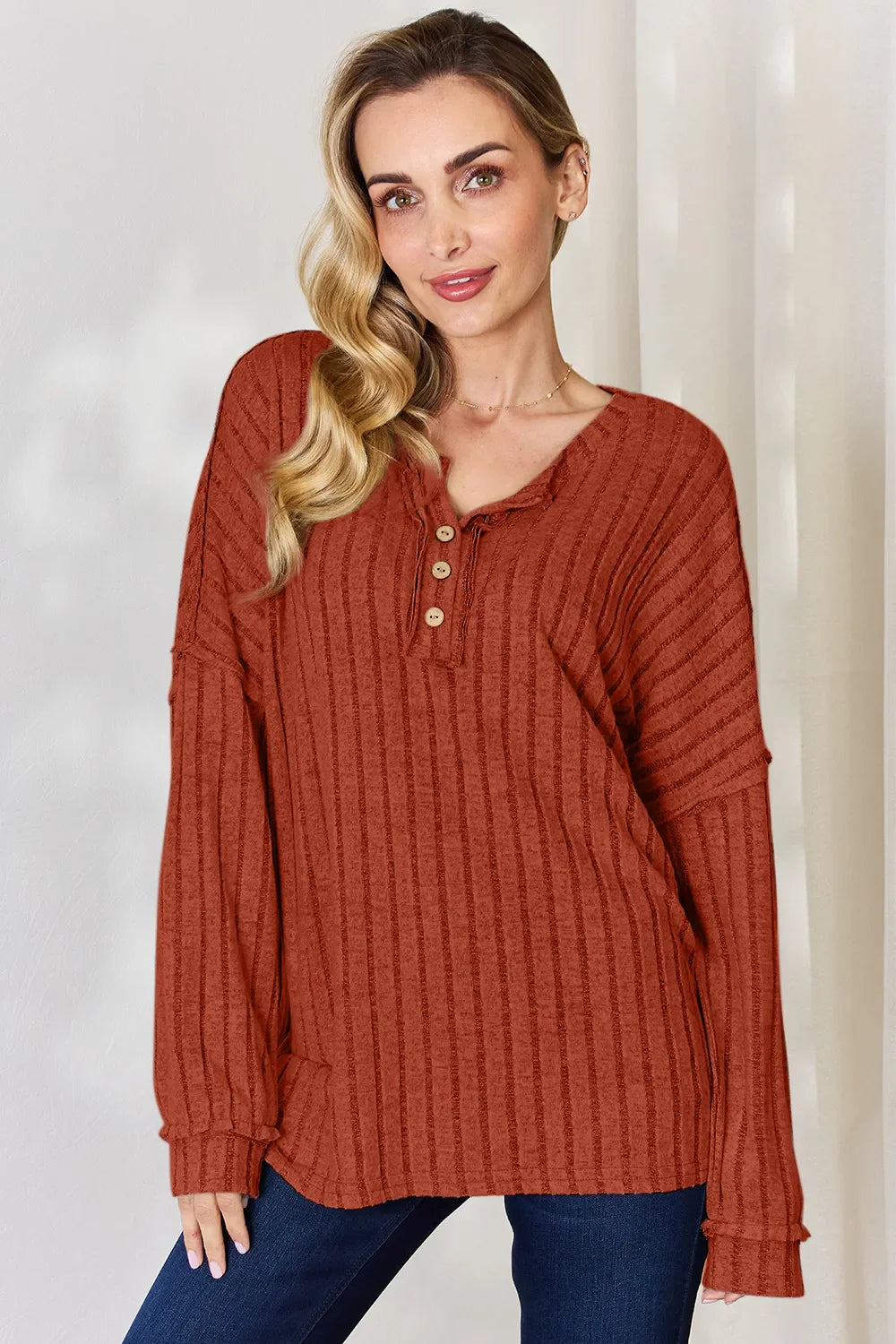 Basic Bae Full Size Ribbed Half Button Long Sleeve Women's T-Shirt - The Eggy's store