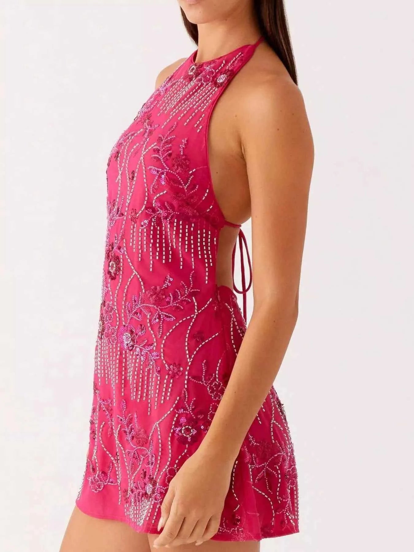 Backless Embroidered Halter Neck Mini Dress