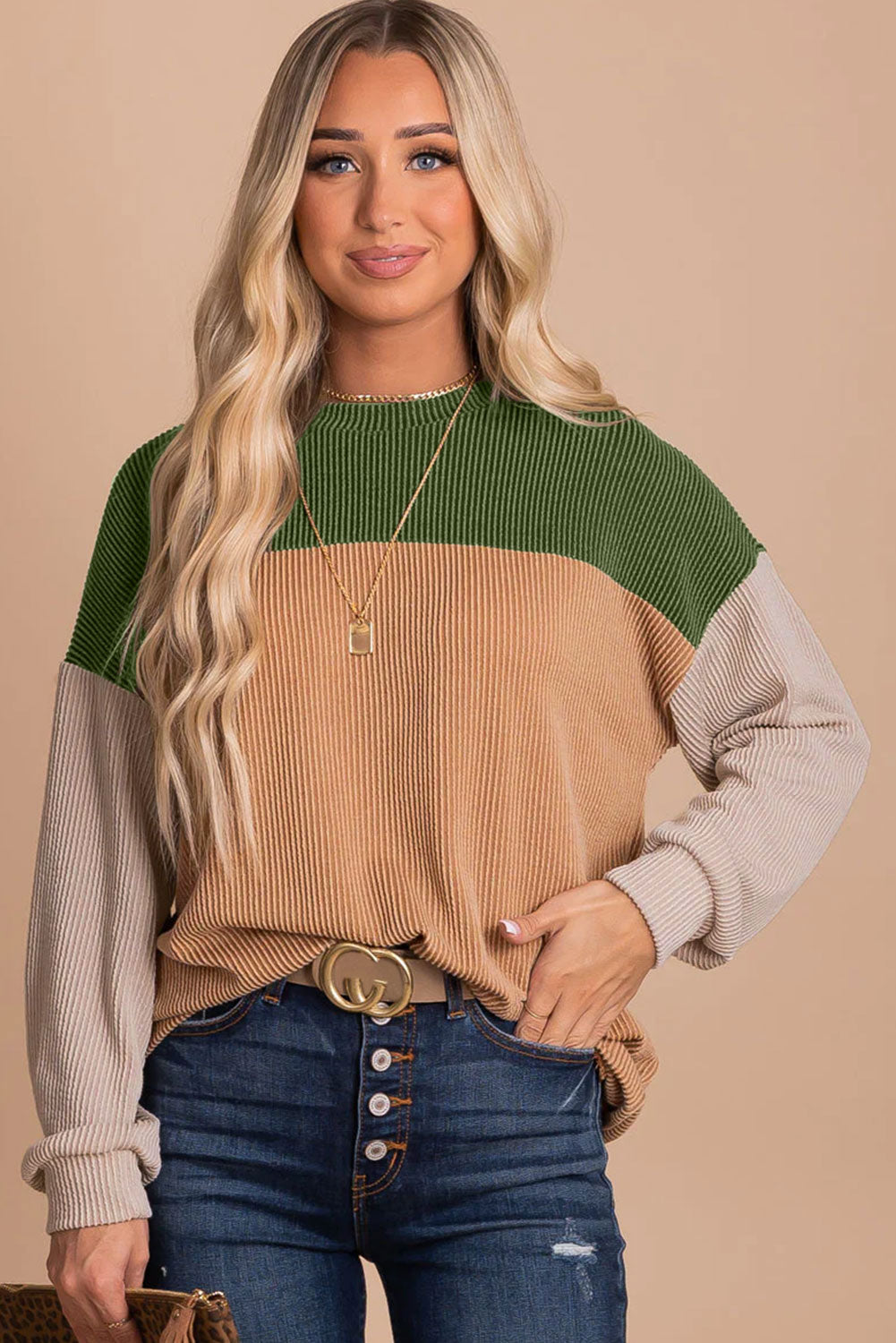 Khaki Color Block Long Sleeve Ribbed Loose Women's Top
