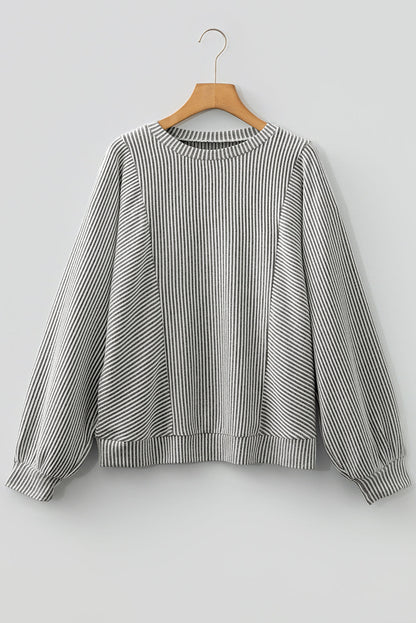 Ribbed Knit Crewneck Long Lantern Sleeve Top