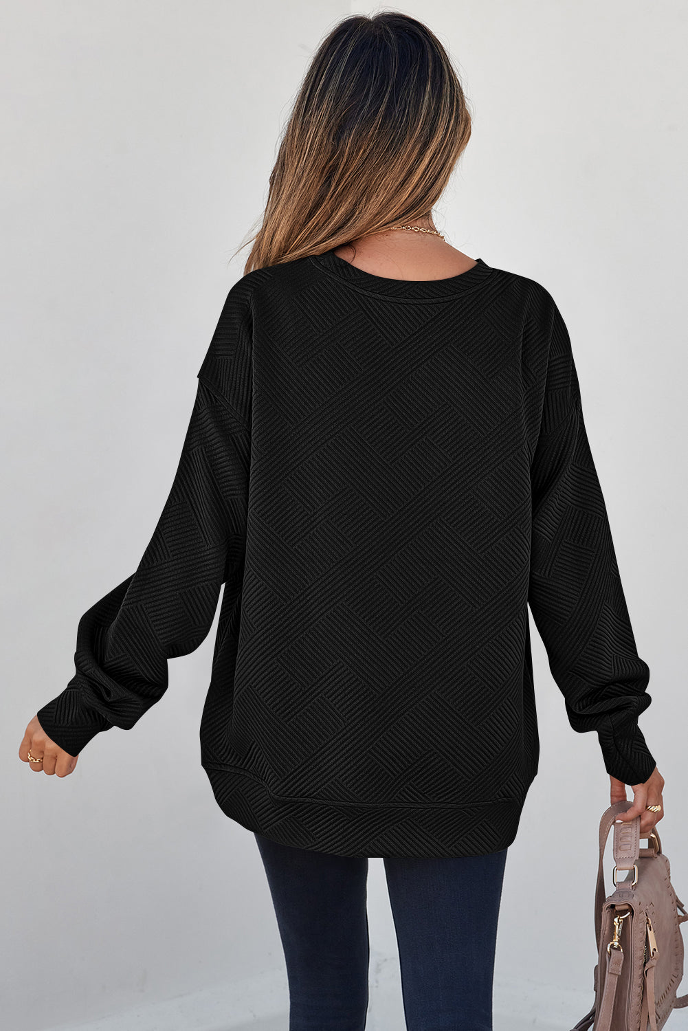 Solid Color Textured Round Neck Drop Shoulder Pullover Sweatshirt
