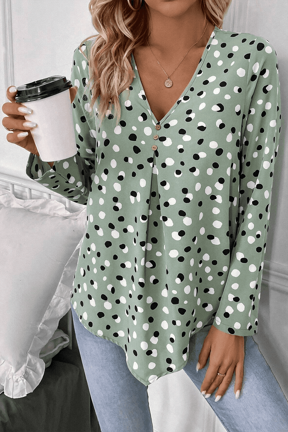 Green Dotted Print Button Front V Neck Blouse