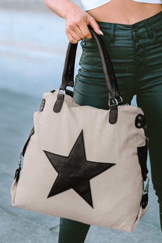 Star Patch Canvas Tote Bag – Casual Everyday Shoulder Bag in Beige