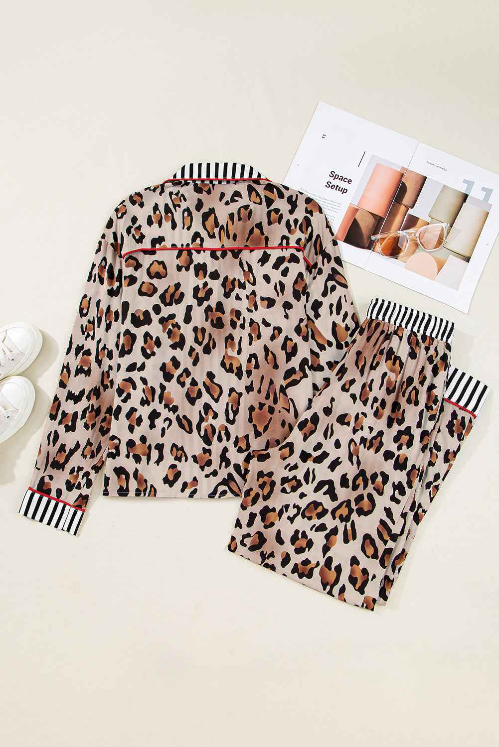 Leopard Colorblock Stripe Edge Shirt and Pants Pajama Set