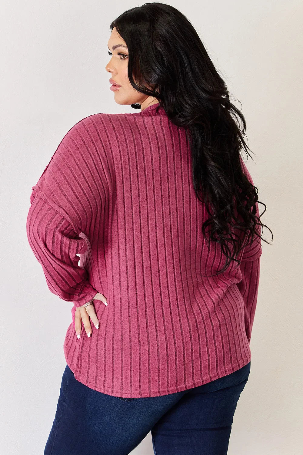 Basic Bae Full Size Ribbed Half Button Long Sleeve High-Low Women's T-Shirt - The Eggy's store