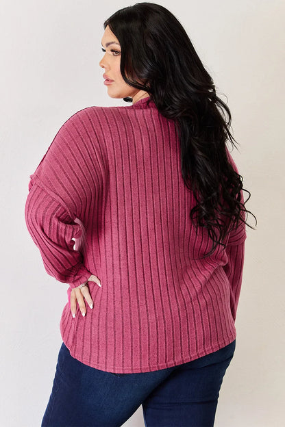 Basic Bae Full Size Ribbed Half Button Long Sleeve High-Low Women's T-Shirt - The Eggy's store