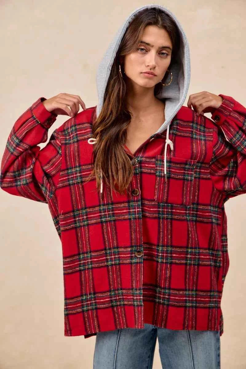 BiBi Brushed Plaid Hooded Jacket