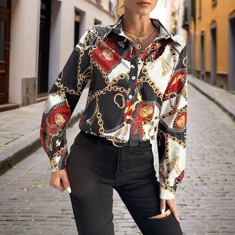 Women's Lapel Long Sleeve Shirt - Fitted Cut Intricate Print Button-Up Design Casual Spring&Fall Wear