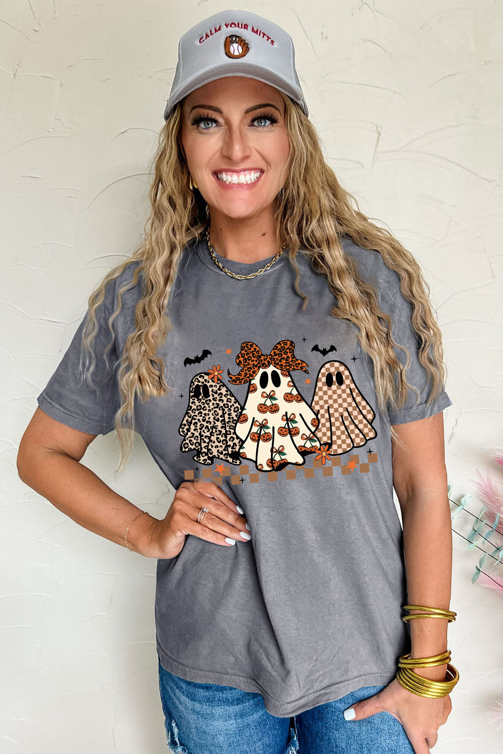 Three Ghosts Halloween Graphic T-Shirt with Cuffed Sleeves