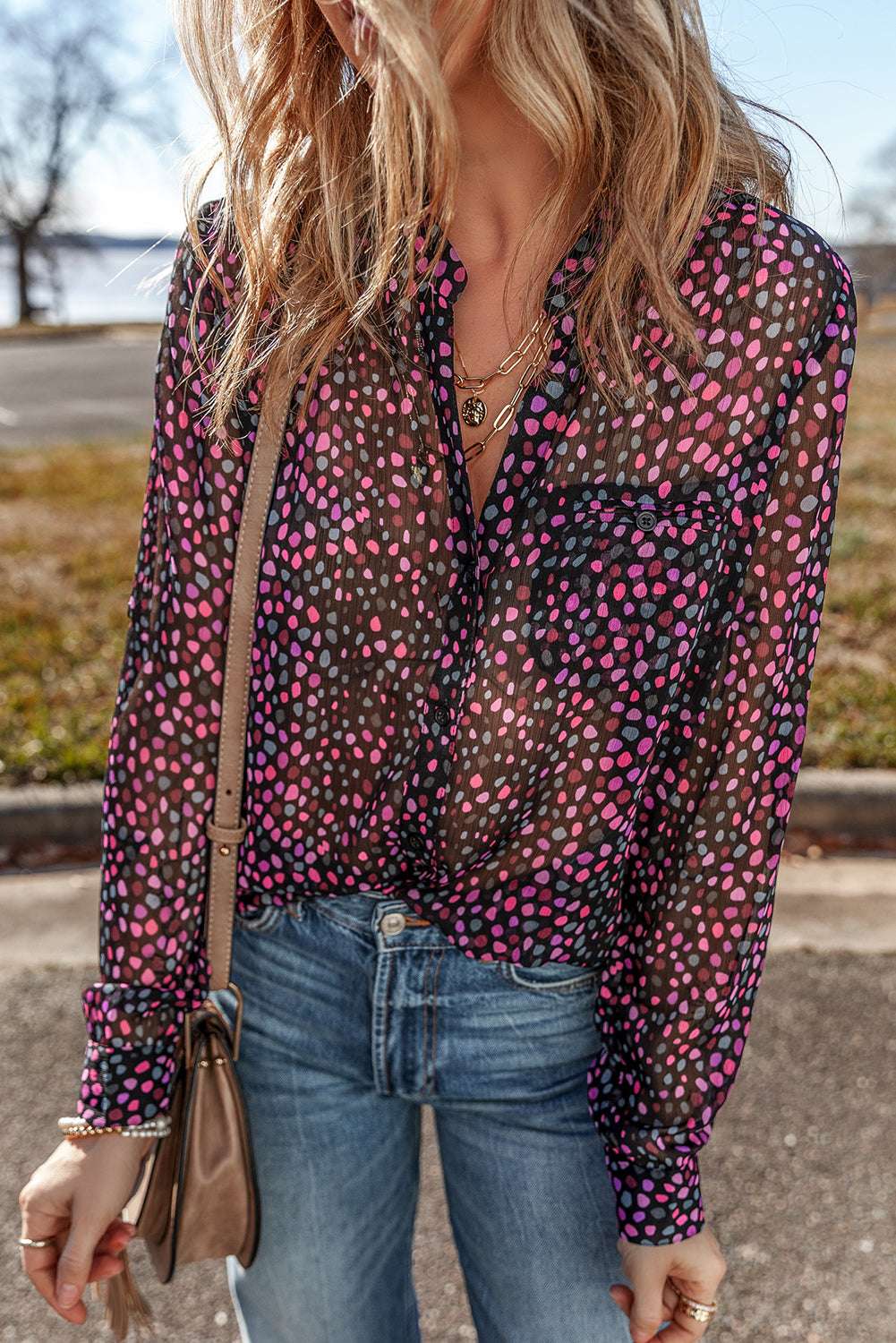 Grape Wine Polka Dot Print Buttoned Blouse