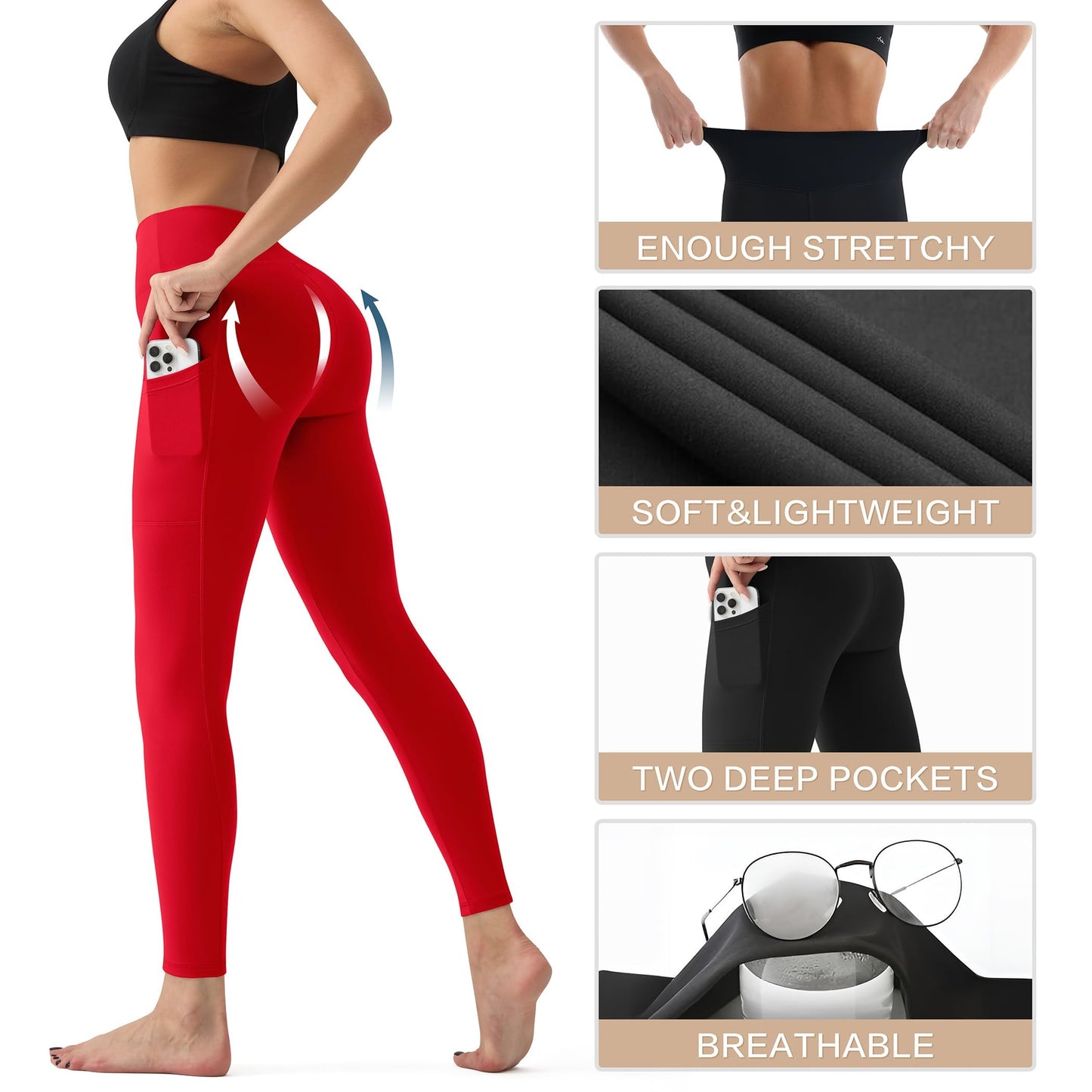 High Waisted Leggings for Women with Pockets - Tummy Control Yoga Pants for Workout Running Athletic No See Through Navy Blue