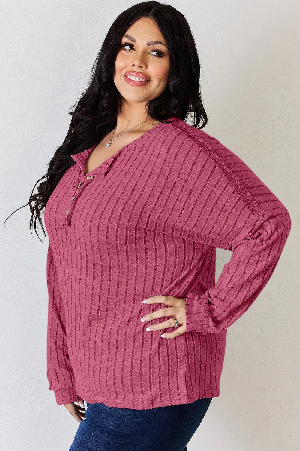 Basic Bae Full Size Ribbed Half Button Long Sleeve Women's T-Shirt - The Eggy's store