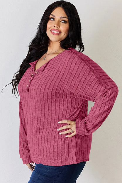Basic Bae Full Size Ribbed Half Button Long Sleeve Women's T-Shirt - The Eggy's store