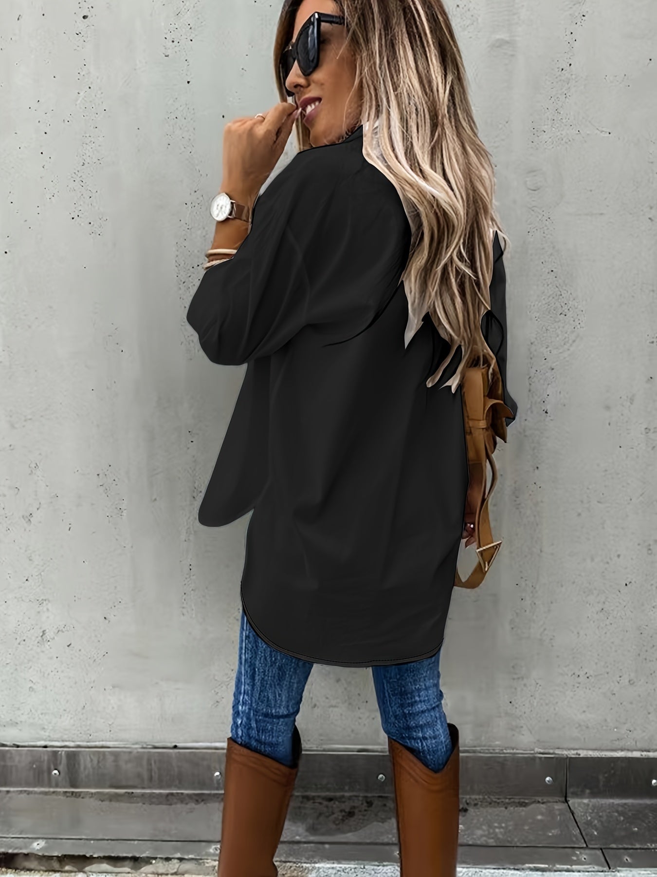 Simple Casual Long Sleeve Blouse with Pocket Women's Blouse