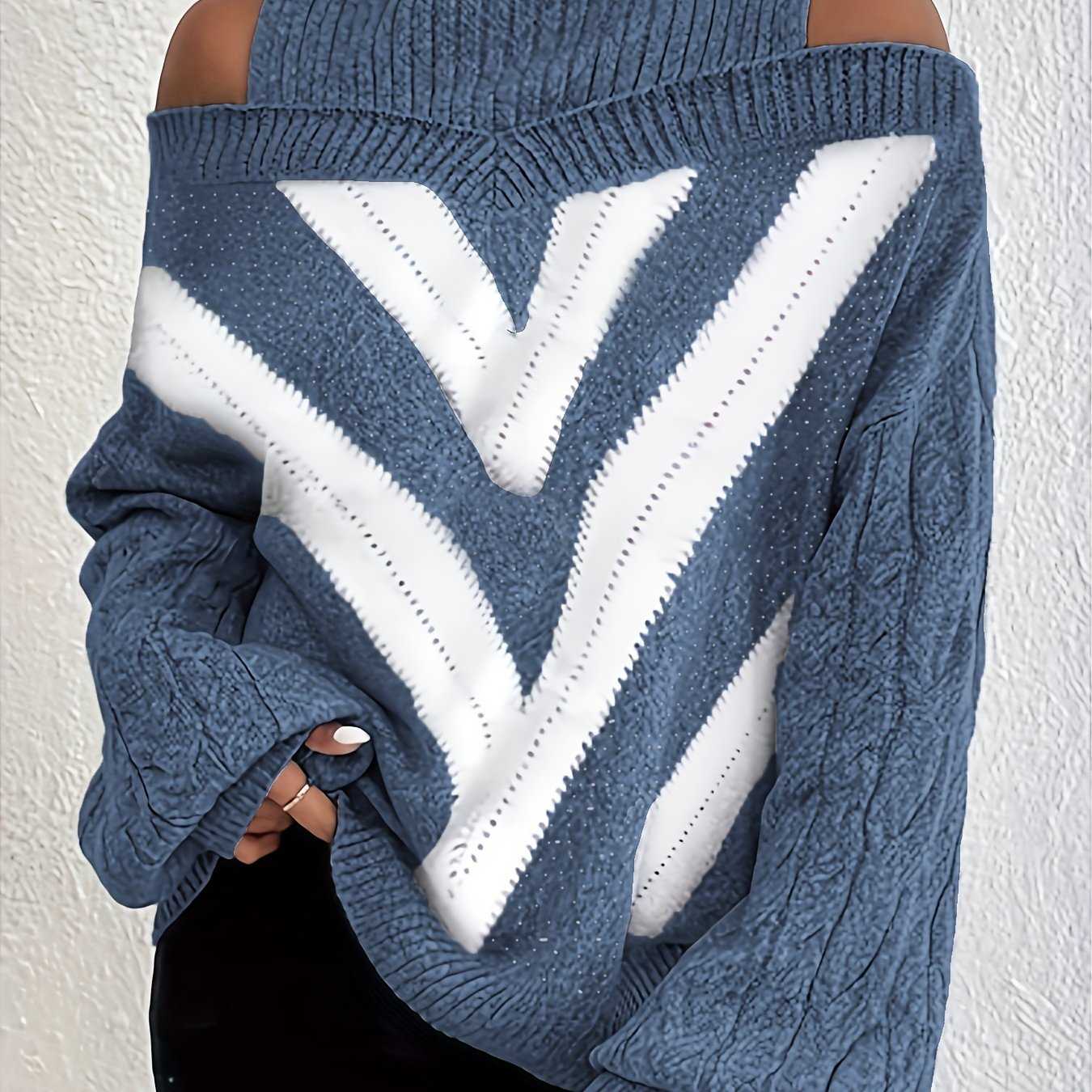 Elegant Plus Size Off Shoulder Striped Cable Knit
